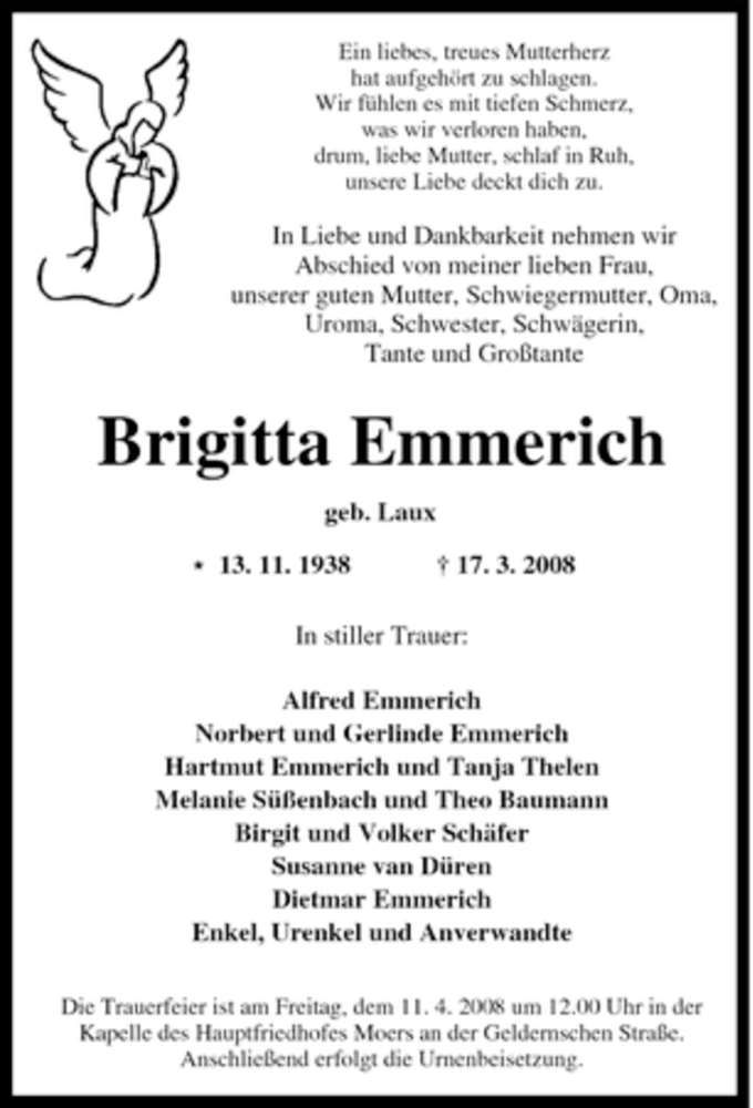 Traueranzeigen Von Brigitta Emmerich Trauer In NRW De