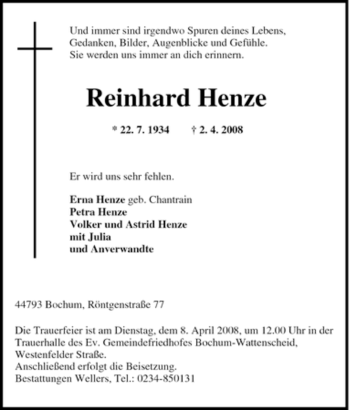 Traueranzeigen Von Reinhard Henze Trauer In NRW De