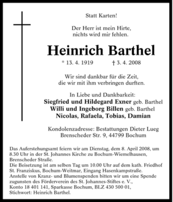 Traueranzeigen Von Heinrich Barthel Trauer In NRW De