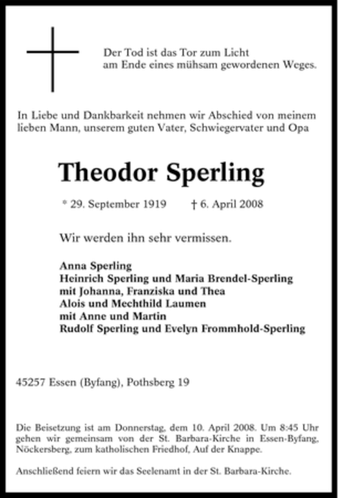 Traueranzeigen Von Theodor Sperling Trauer In Nrw De