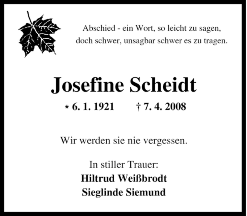 Traueranzeigen Von Josefine Scheidt Trauer In Nrw De