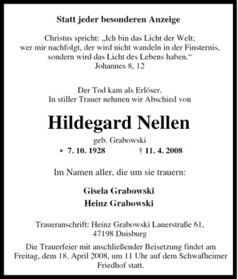 Traueranzeigen Von Hildegard Nellen Trauer In NRW De