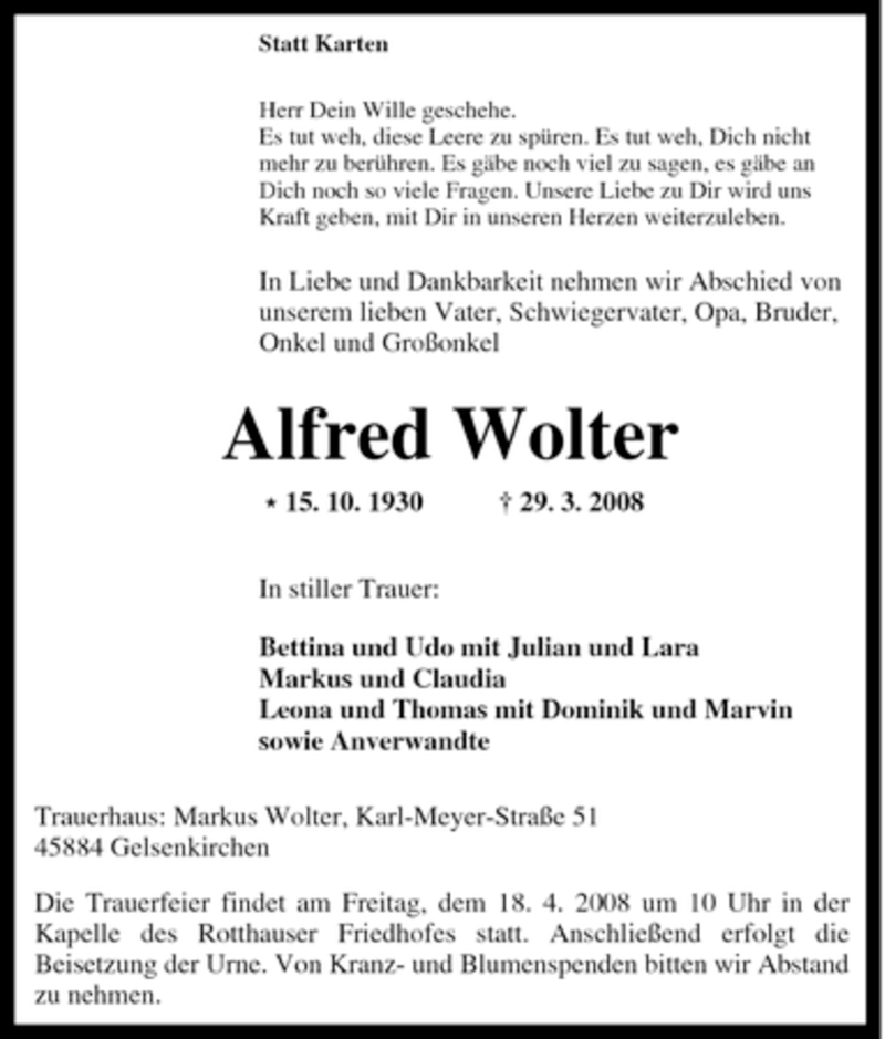 Traueranzeigen Von Alfred Wolter Trauer In NRW De