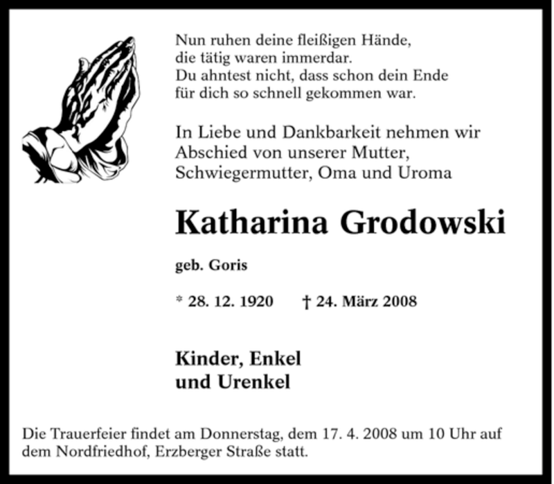 Traueranzeigen Von Katharina Grodowski Trauer In NRW De