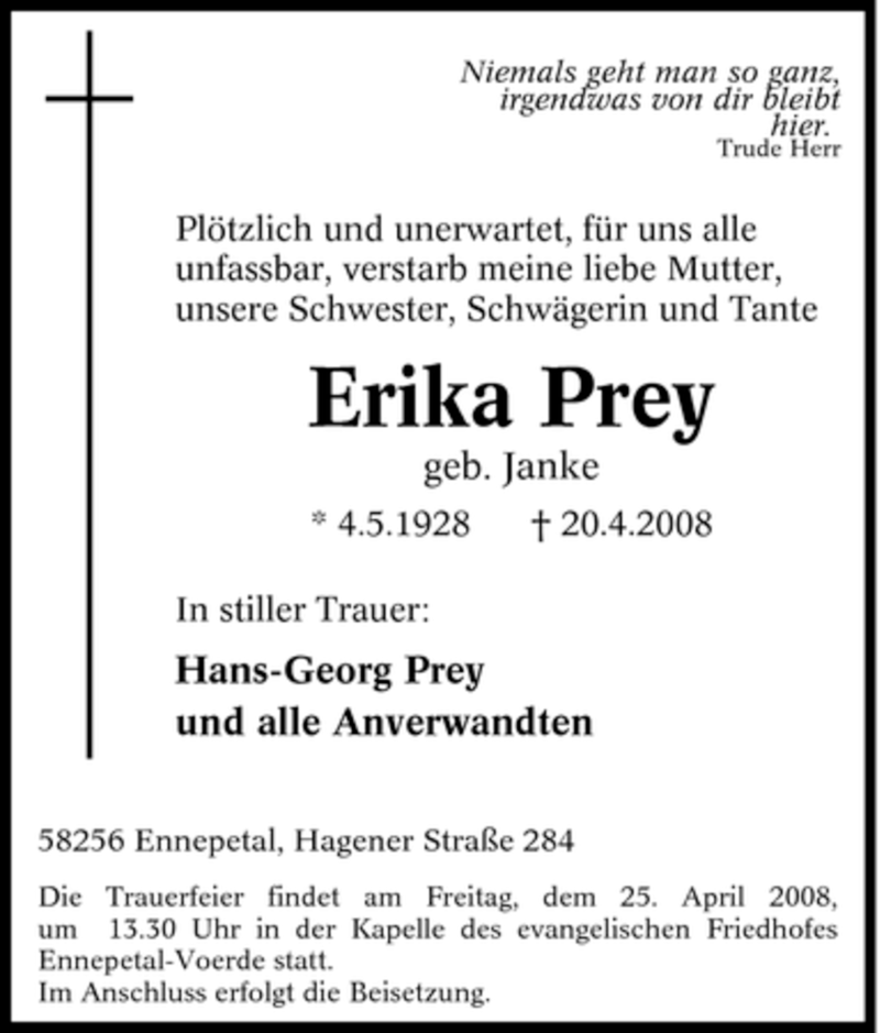 Traueranzeigen Von Erika Prey Trauer In Nrw De