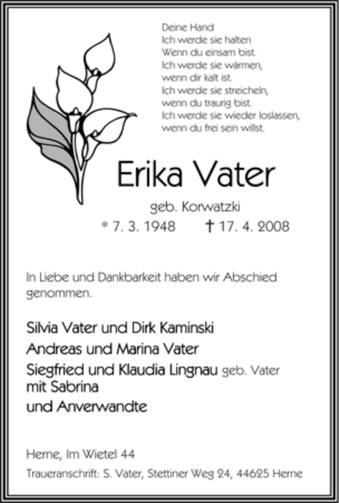 Traueranzeigen Von Erika Vater Trauer In NRW De