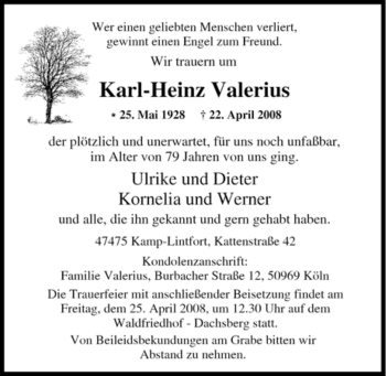 Traueranzeigen Von Karl Heinz Valerius Trauer In NRW De