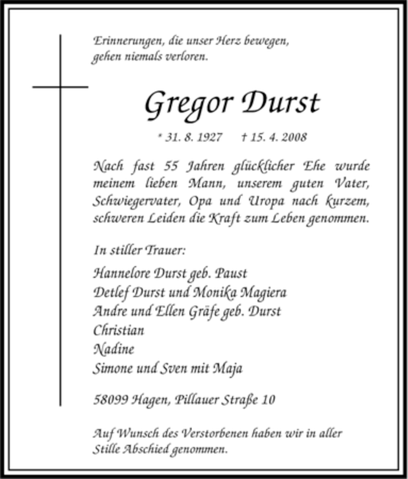 Traueranzeigen Von Gregor Durst Trauer In NRW De