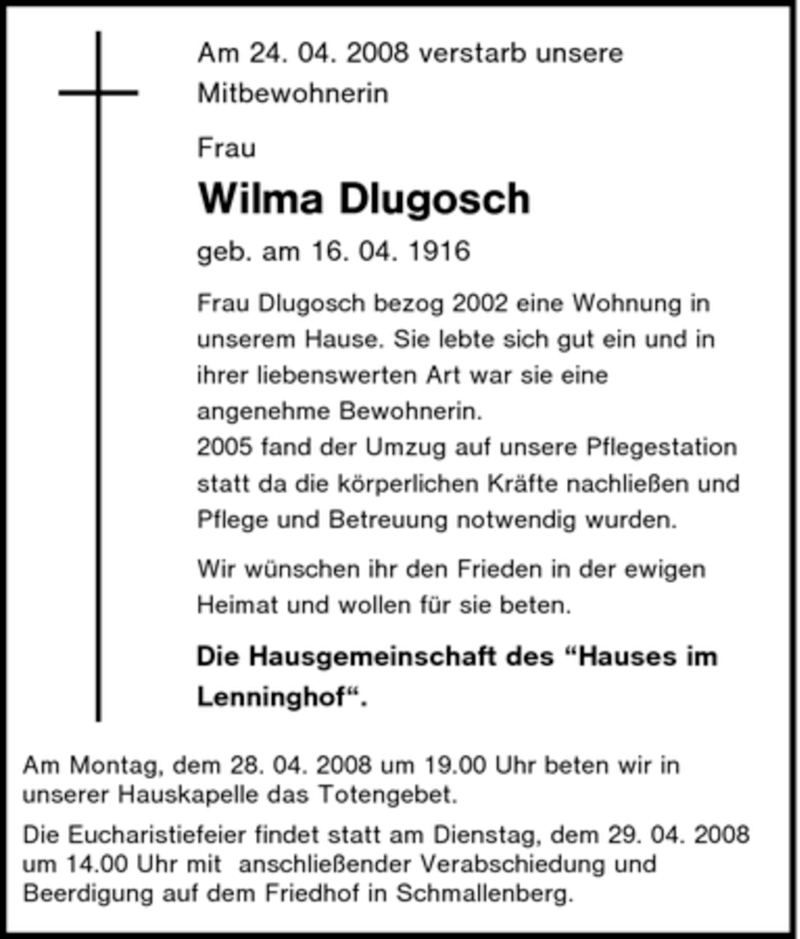 Traueranzeigen Von Wilma Dlugosch Trauer In NRW De