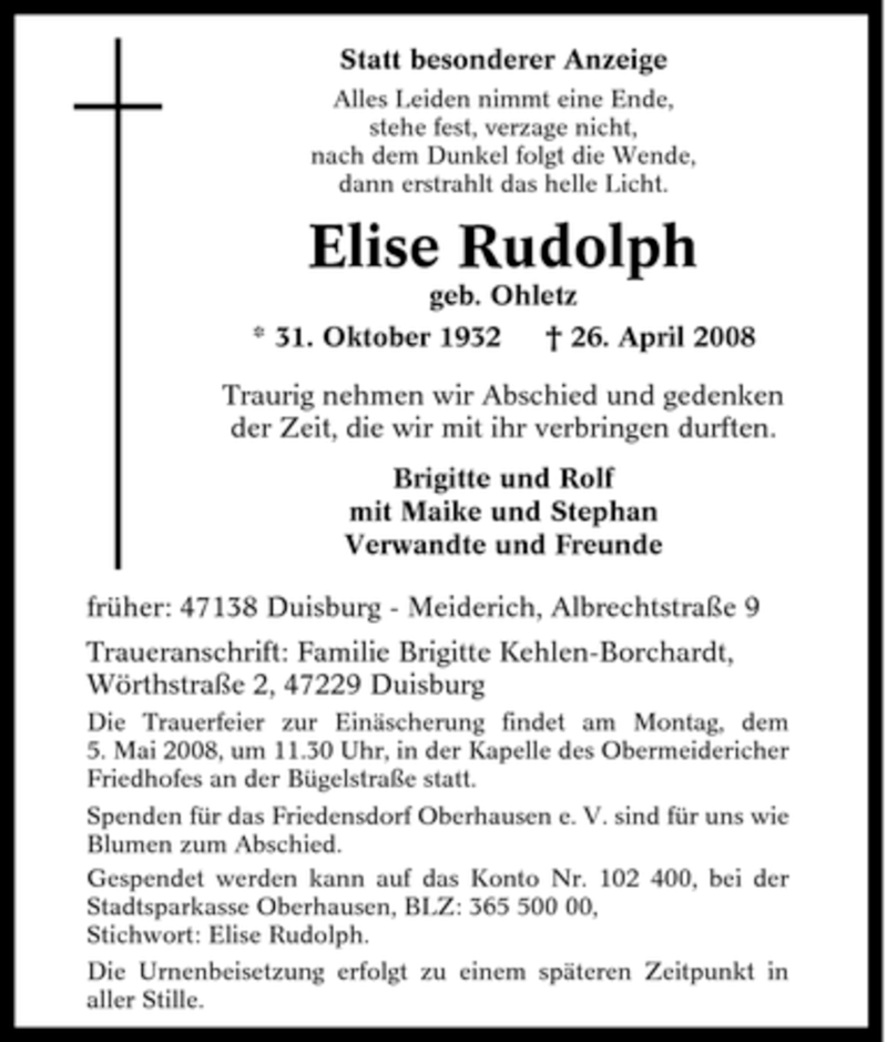 Traueranzeigen Von Elise Rudolph Trauer In NRW De