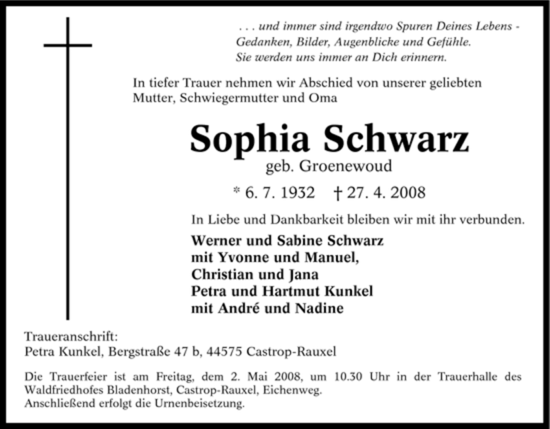 Traueranzeigen Von Sophia Schwarz Trauer In NRW De