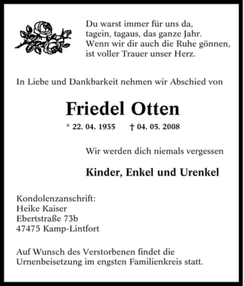 Traueranzeigen Von Friedel Otten Trauer In NRW De