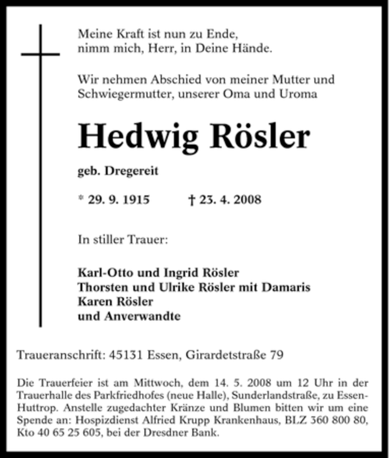 Traueranzeigen Von Hedwig R Sler Trauer In Nrw De