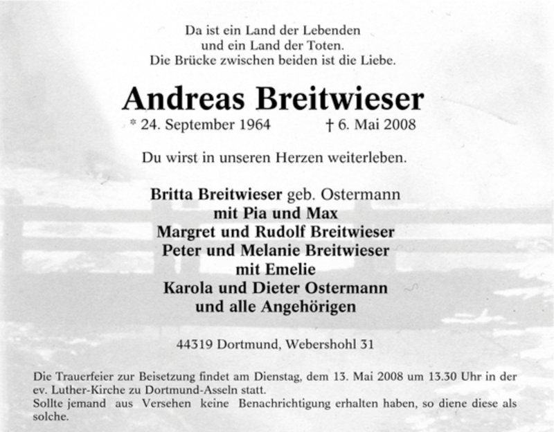 Traueranzeigen Von Andreas Breitwieser Trauer In Nrw De