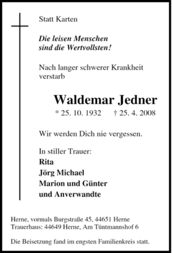 Traueranzeigen Von Waldemar Jedner Trauer In NRW De