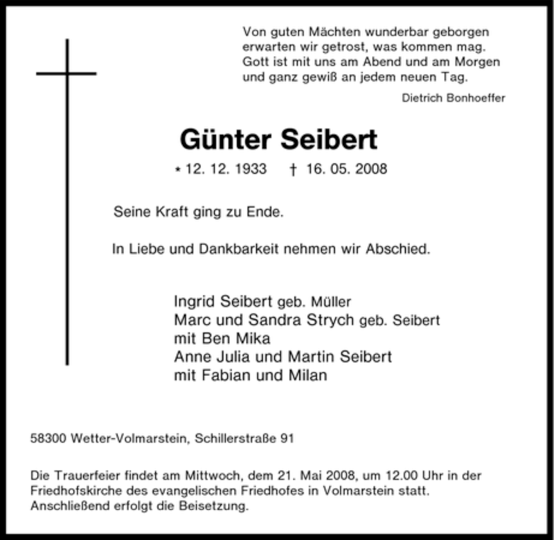 Traueranzeigen von Günter Seibert Trauer in NRW de