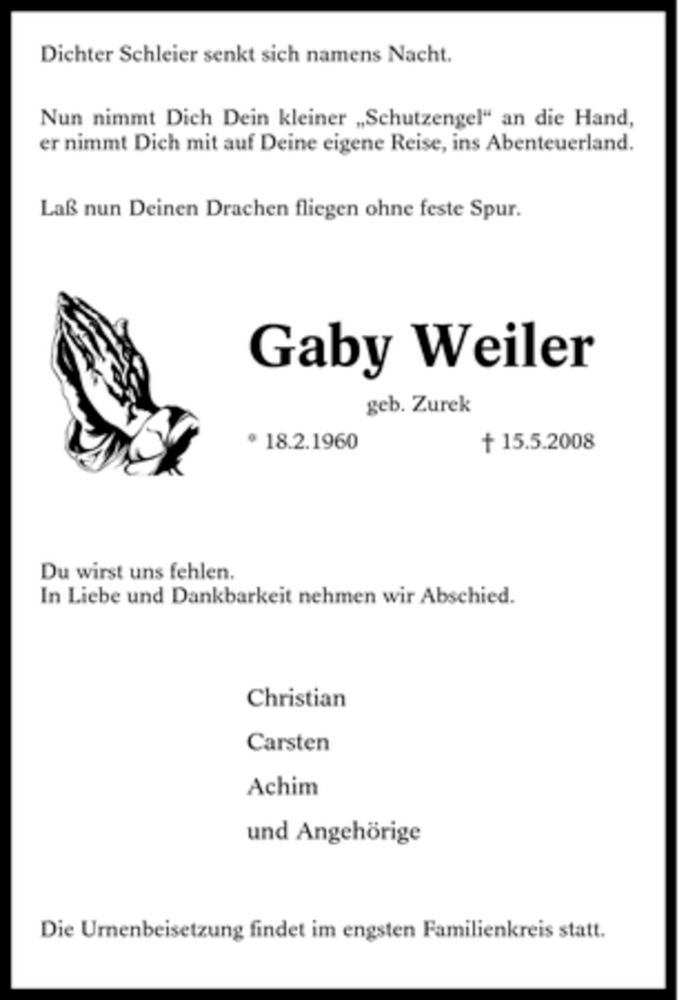 Traueranzeigen Von Gaby Weiler Trauer In Nrw De