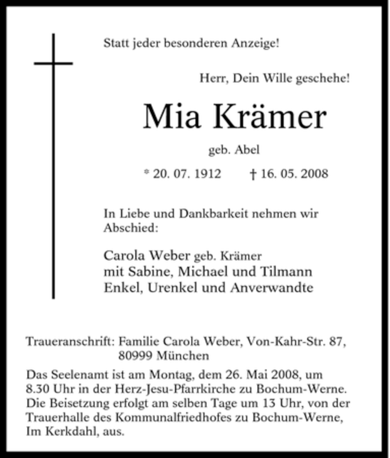 Traueranzeigen von Mia Krämer Trauer in NRW de