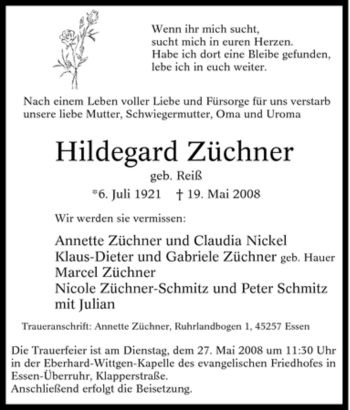 Traueranzeige von Hildegard Züchner von Tageszeitung