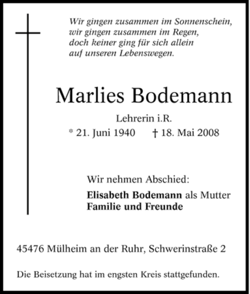 Traueranzeigen Von Marlies Bodemann Trauer In NRW De