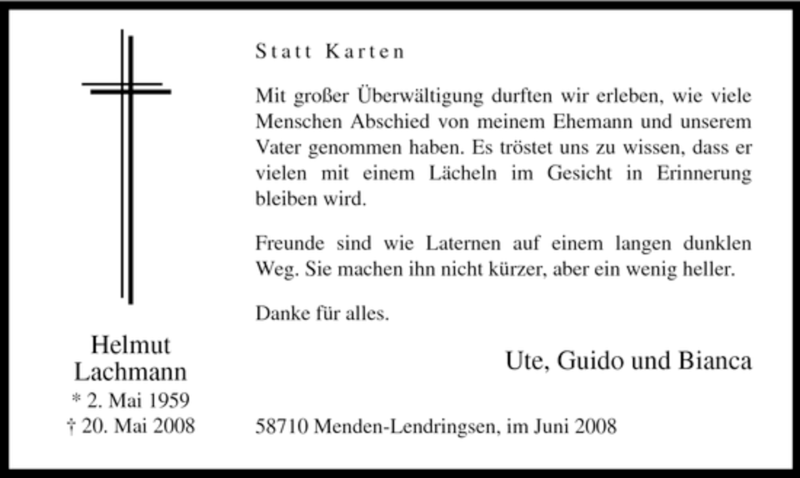 Traueranzeigen Von Helmut Lachmann Trauer In Nrw De