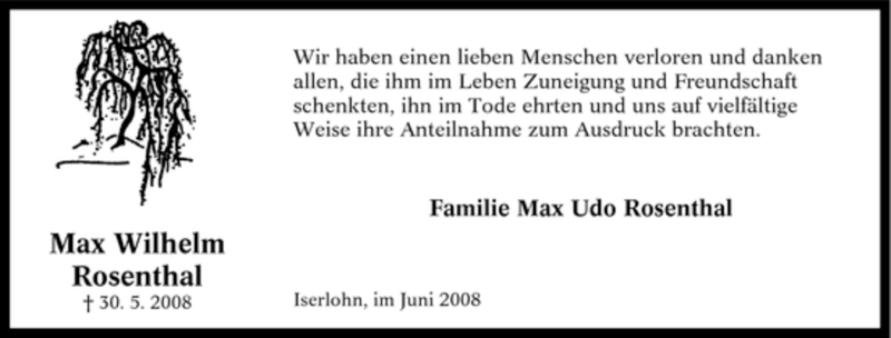 Traueranzeigen Von Max Wilhelm Rosenthal Trauer In Nrw De