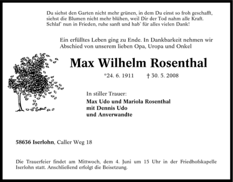 Traueranzeigen Von Max Wilhelm Rosenthal Trauer In Nrw De