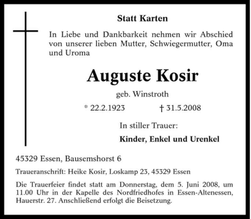 Traueranzeigen Von Auguste Kosir Trauer In Nrw De