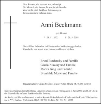 Traueranzeigen Von Anni Beckmann Trauer In NRW De