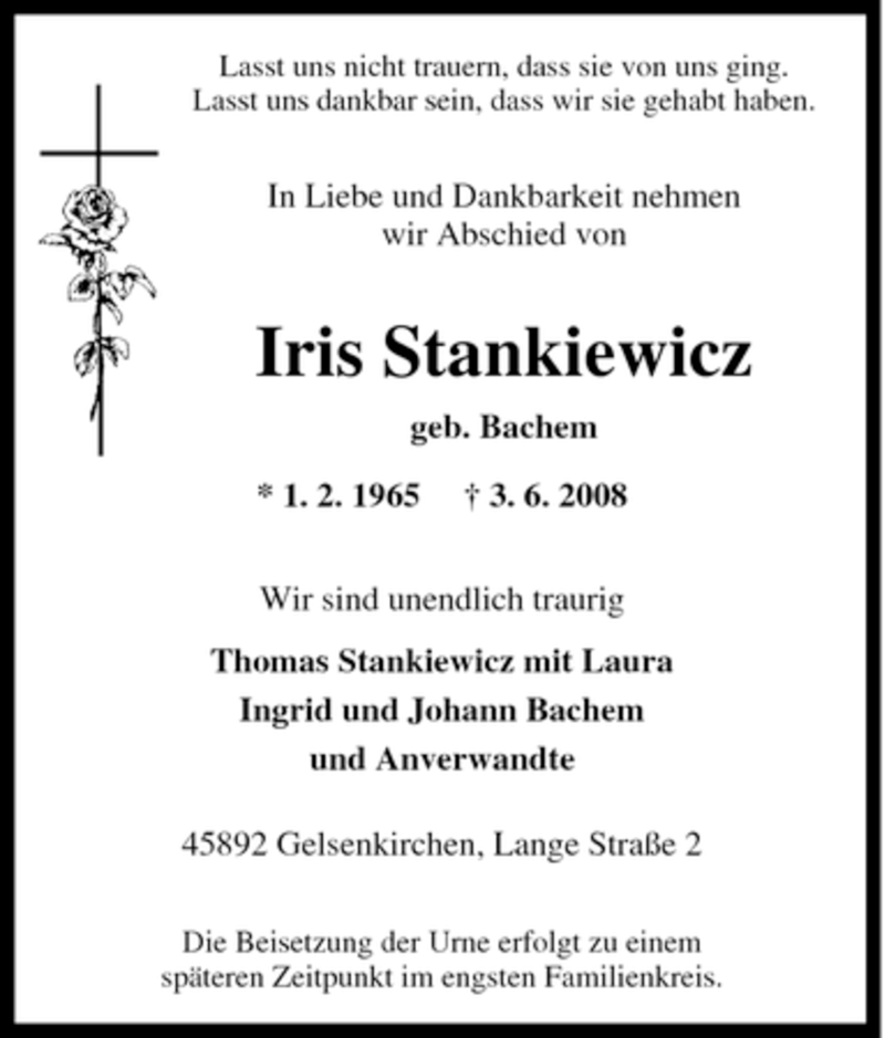 Traueranzeigen Von Iris Stankiewicz Trauer In NRW De