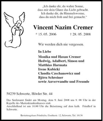 Traueranzeigen Von Vincent Nazim Cremer Trauer In NRW De