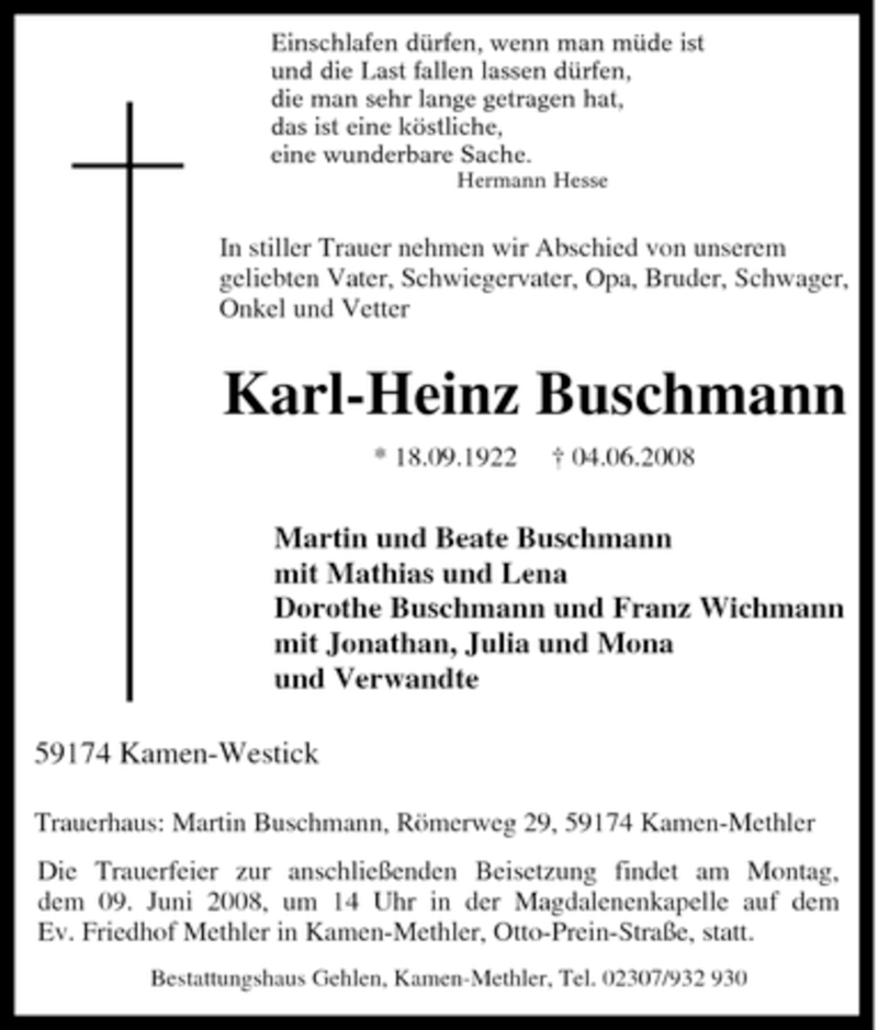 Traueranzeigen Von Karl Heinz Buschmann Trauer In Nrw De