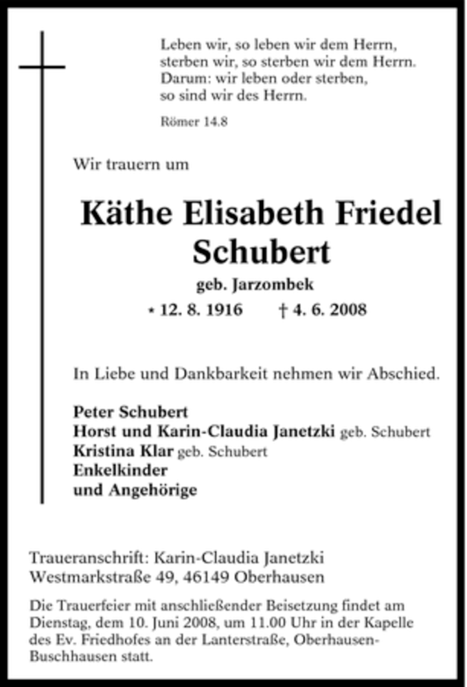 Traueranzeigen von Käthe Elisabeth Friedel Trauer in NRW de