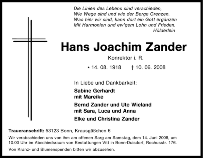 Traueranzeigen Von Hans Joachim Zander Trauer In Nrw De