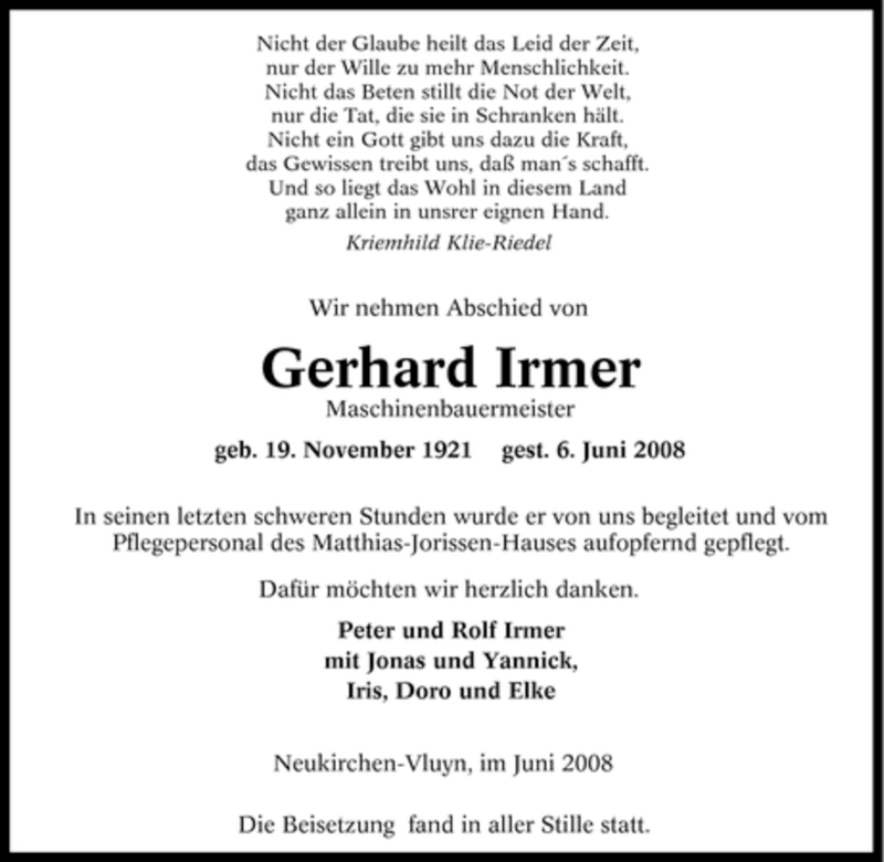 Traueranzeigen Von Gerhard Irmer Trauer In Nrw De