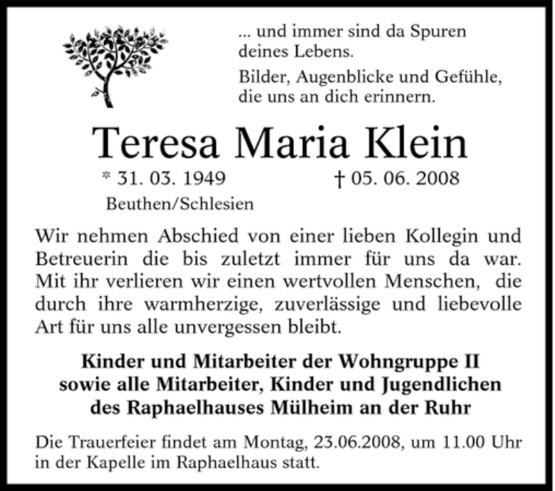 Traueranzeigen Von Teresa Maria Klein Trauer In NRW De