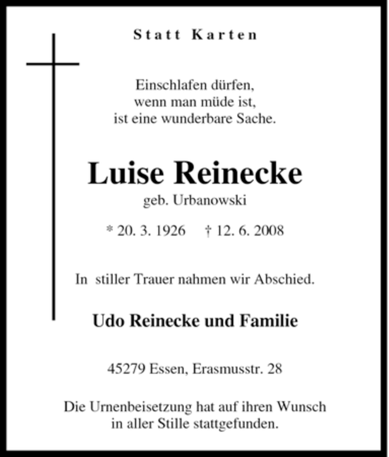 Traueranzeigen Von Luise Reinecke Trauer In Nrw De