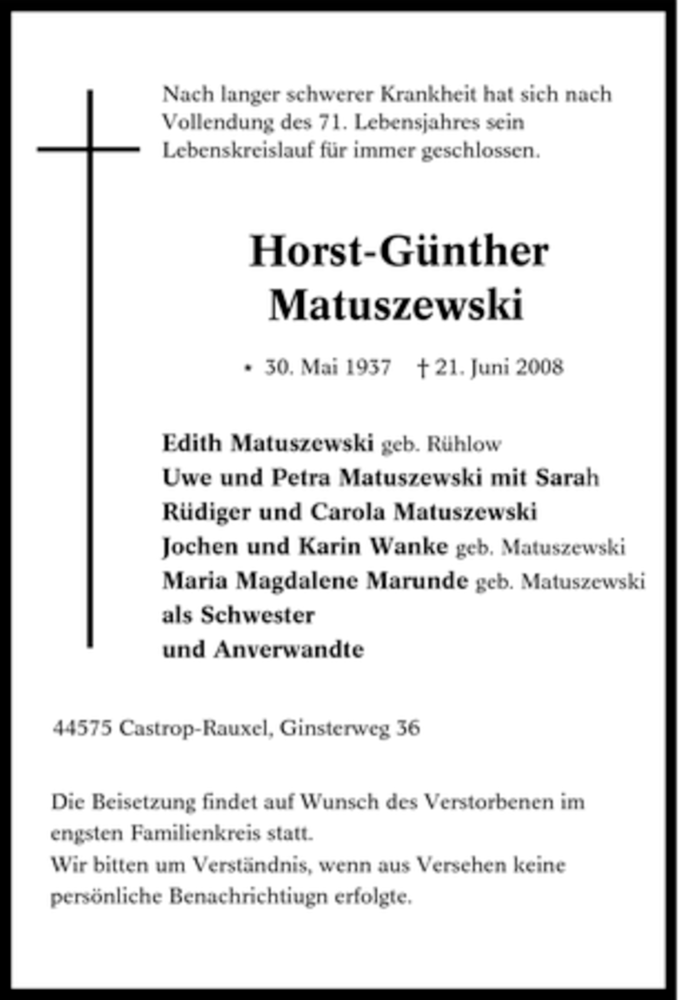 Traueranzeigen von Horst Günther Matuszewski Trauer in NRW de