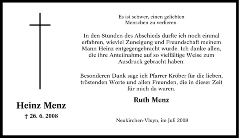 Traueranzeigen Von Heinz Menz Trauer In Nrw De