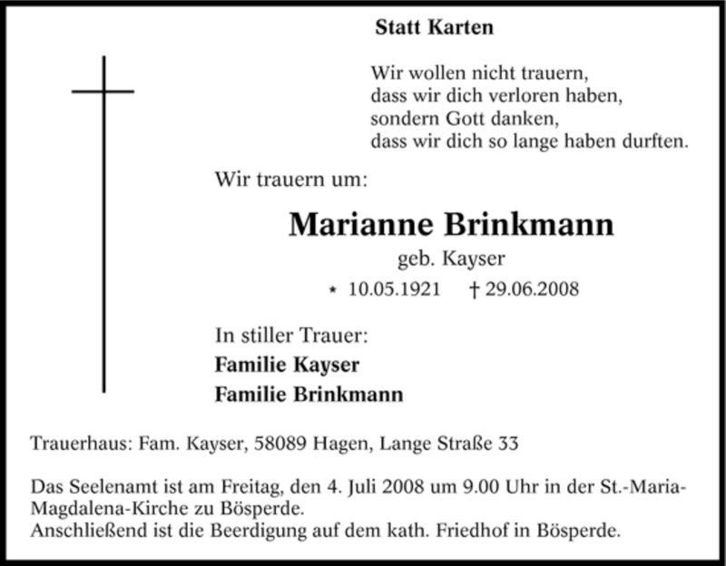 Traueranzeigen Von Marianne Brinkmann Trauer In NRW De