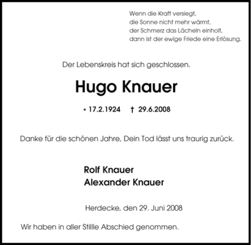 Traueranzeigen Von Hugo Knauer Trauer In Nrw De