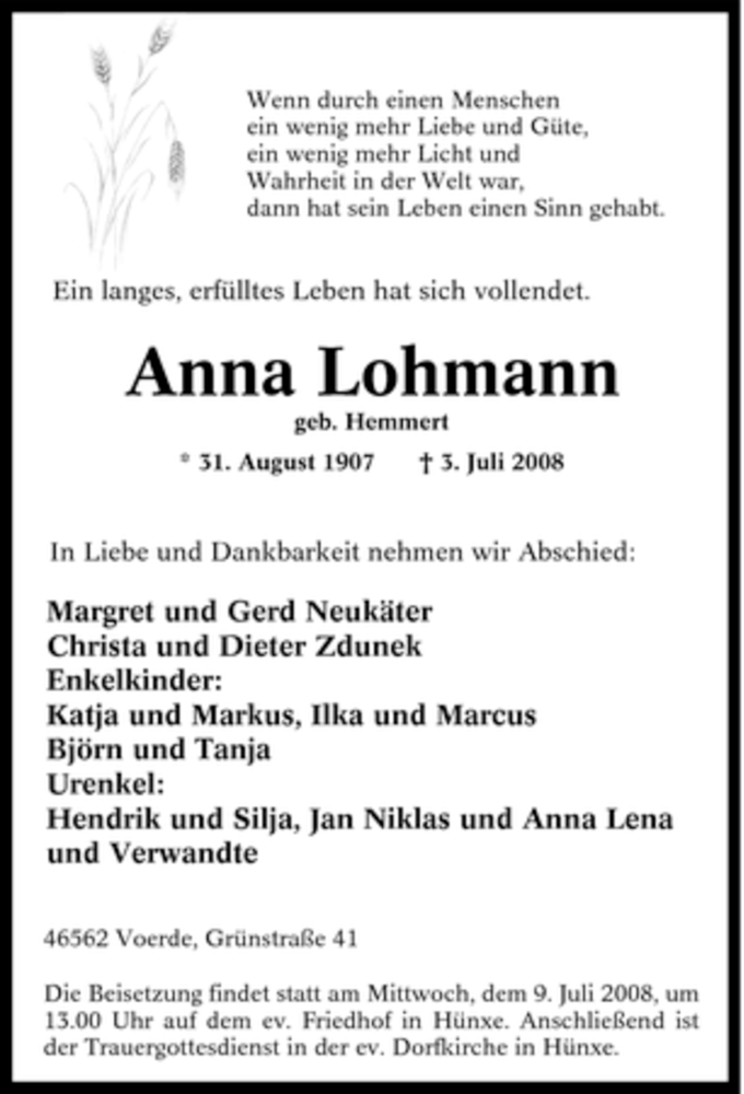 Traueranzeigen Von Anna Lohmann Trauer In Nrw De