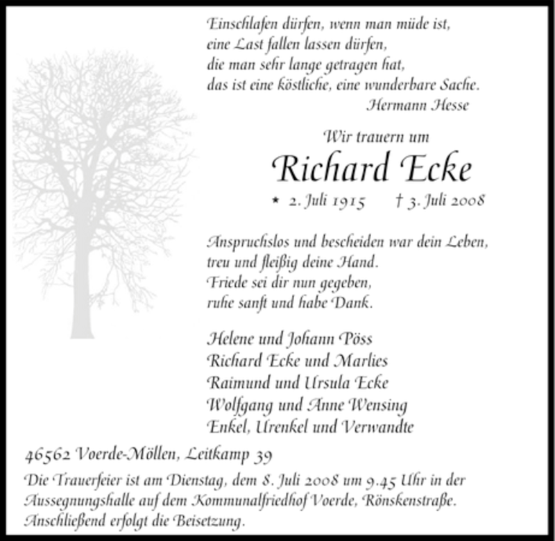 Traueranzeigen Von Richard Ecke Trauer In NRW De