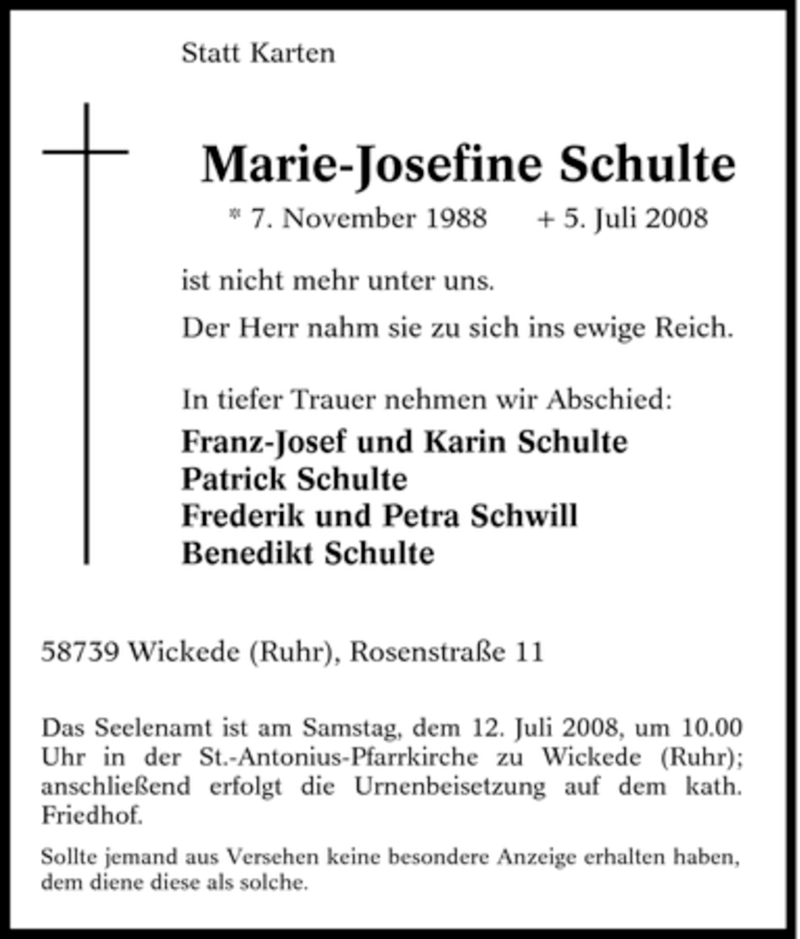 Traueranzeigen Von Marie Josefine Schulte Trauer In Nrw De