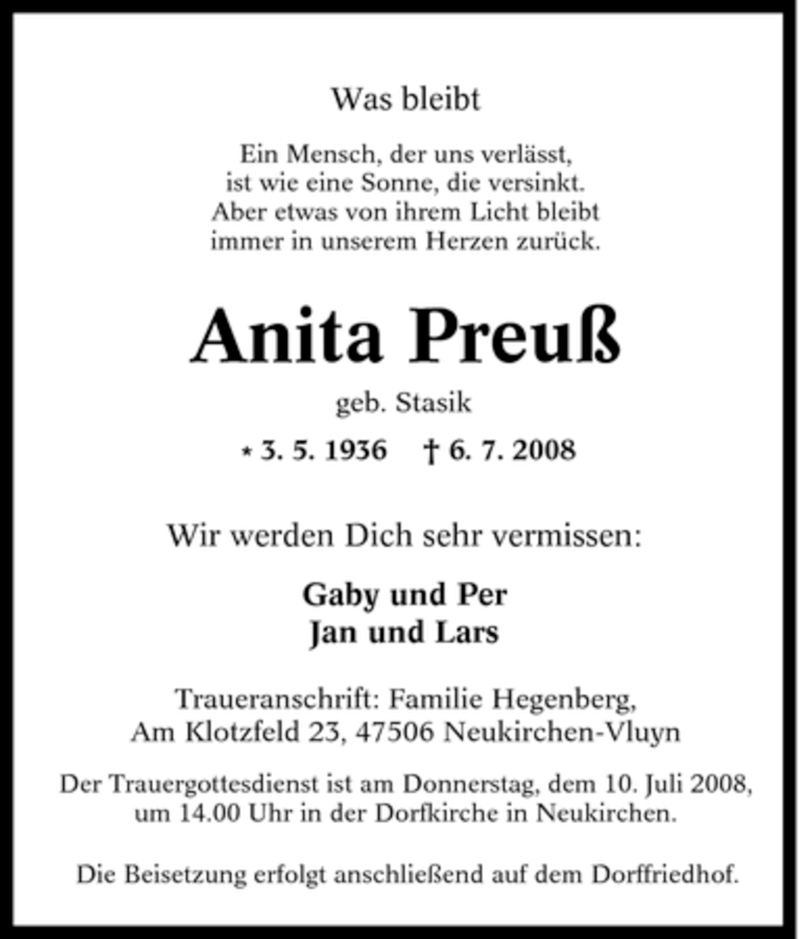 Traueranzeigen von Anita Preuß Trauer in NRW de