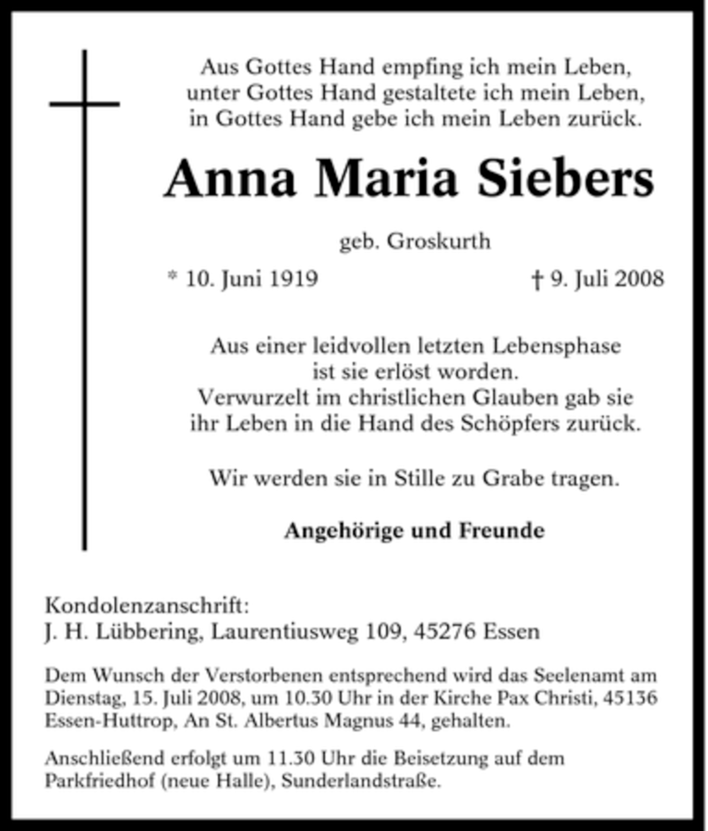 Traueranzeigen Von Anna Maria Siebers Trauer In NRW De