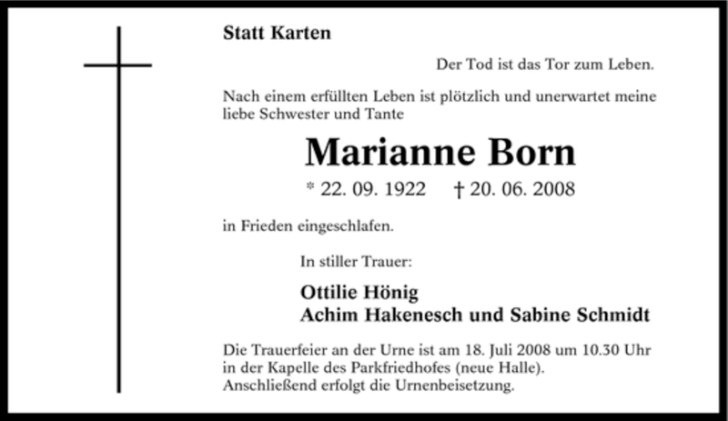 Traueranzeigen Von Marianne Born Trauer In Nrw De