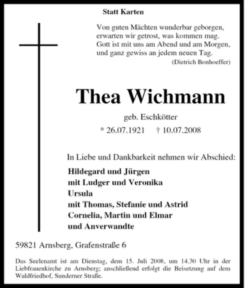 Traueranzeigen Von Thea Wichmann Trauer In NRW De