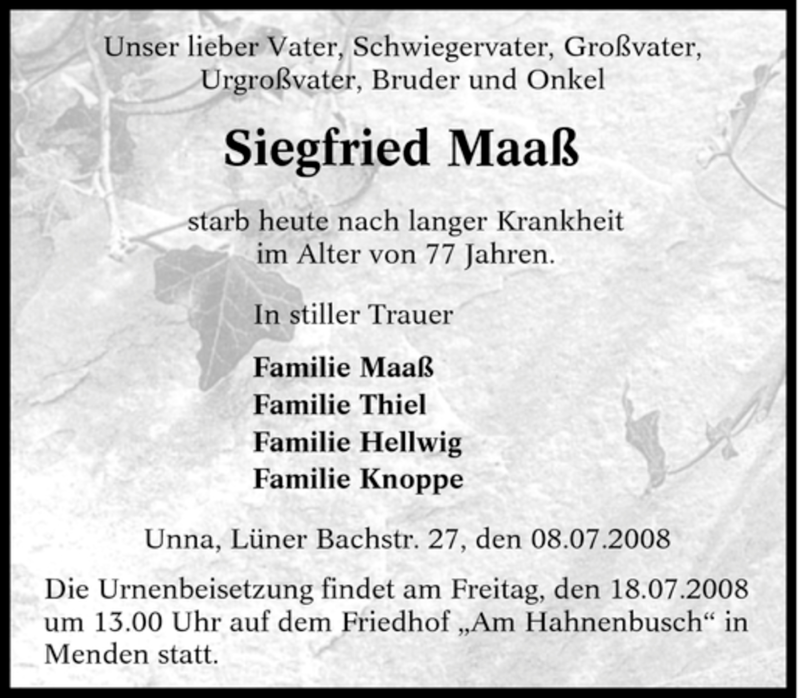 Traueranzeigen Von Siegfried Maa Trauer In Nrw De