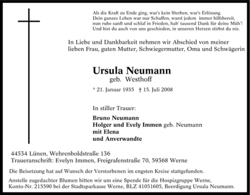 Traueranzeigen Von Ursula Neumann Trauer In NRW De